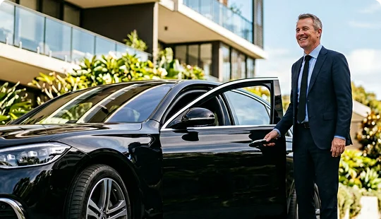 A smiling professional chauffeur in a dark suit and tie stands next to a glossy black sedan with the rear door open. The luxury vehicle is parked outside a modern residential building surrounded by green plants under a clear sky.