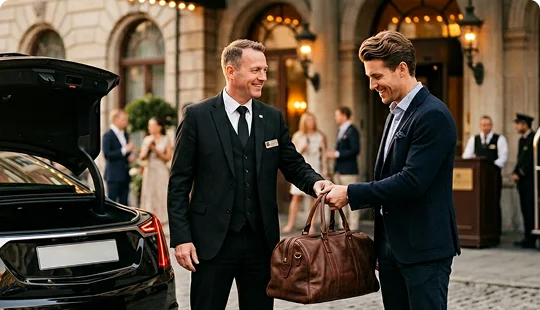A chauffeur in a professional black suit smiles as he takes a brown leather duffel bag from a well-dressed male passenger. They are standing outside an elegant building entryway next to the open trunk of a black luxury car.