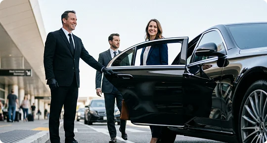 A smiling chauffeur wearing a black suit and gloves holds the door of a black luxury car open at an airport terminal. A professionally dressed woman stands by the open door, smiling, while another businessman in a suit walks in the background.