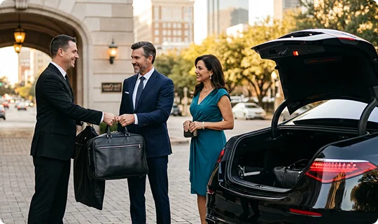 A smiling professional chauffeur in a black suit takes a leather briefcase from a well-dressed man. A woman in a teal dress stands beside them next to the open trunk of a black luxury sedan parked outside an elegant building.