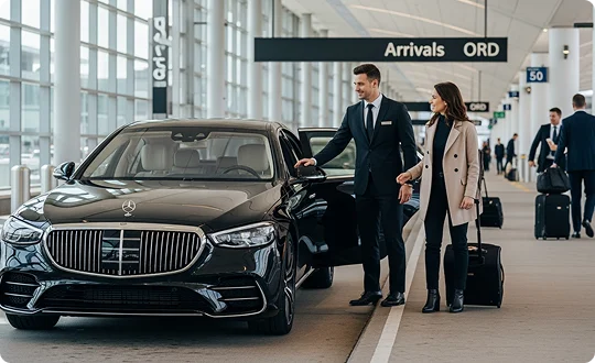 A black Mercedes sedan at Chicago O’Hare arrivals with a suited chauffeur greeting a woman carrying luggage.