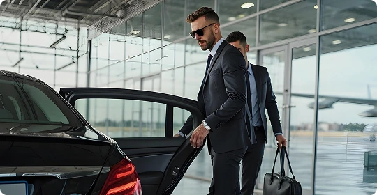 Well-dressed business traveler in sunglasses entering a black luxury vehicle outside an airport terminal, conveying executive airport pickup service.