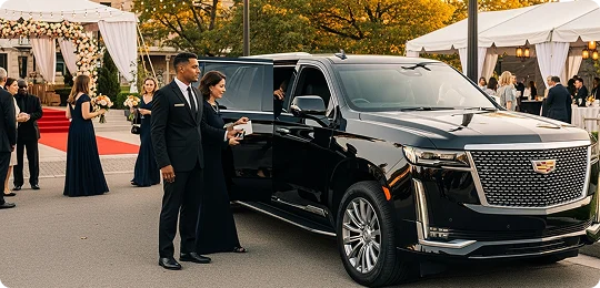 A black Cadillac SUV pulls up outside an elegant venue with a red carpet, floral décor, and formally dressed attendees.