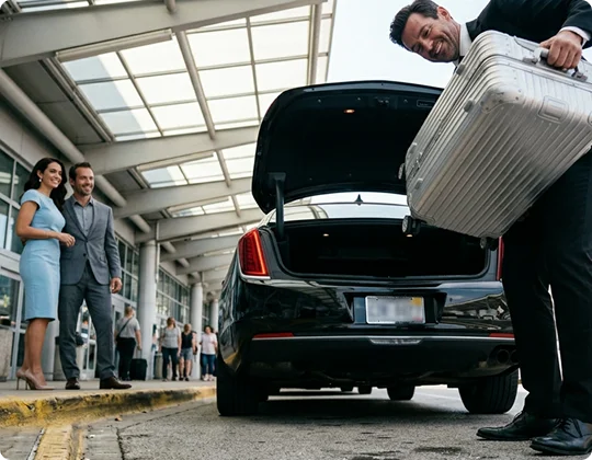 A smiling driver in a suit lifts a silver hard-shell suitcase to load it into the open trunk of a black sedan. A well-dressed couple stands smiling on the sidewalk under an airport terminal awning in the background.