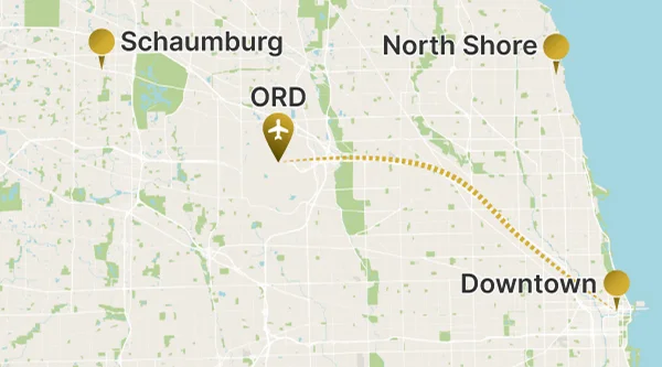 A map showing the Chicago metropolitan area with four marked locations. A dotted line indicates a route from ORD (O'Hare International Airport, marked with an airplane icon) southeast toward Downtown Chicago. Other points marked are Schaumburg and North Shore.
