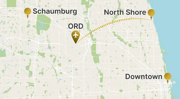 A map showing the Chicago metropolitan area with a dotted line route connecting ORD (O'Hare International Airport, marked with an airplane icon) to the North Shore area along Lake Michigan. Schaumburg and Downtown Chicago are also marked as points of interest.