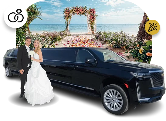 A promotional image for wedding limousine service. A bride and groom, dressed in a white wedding gown and black tuxedo, stand next to a black stretch Cadillac Escalade SUV limousine. The background is a composite image of a scenic beach wedding setting with a floral archway leading toward the ocean. Two icons float above: one with two interlocked rings (wedding) and the other with a party popper (celebration).