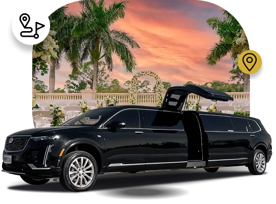 A promotional image for corporate event transportation featuring two businessmen in suits standing next to a black stretch SUV limousine, with the rear door open. The background shows the McCormick Place Convention Center or large corporate building. Two icons float above: one showing a route marker and the other a location pin, signifying transportation to a destination.
